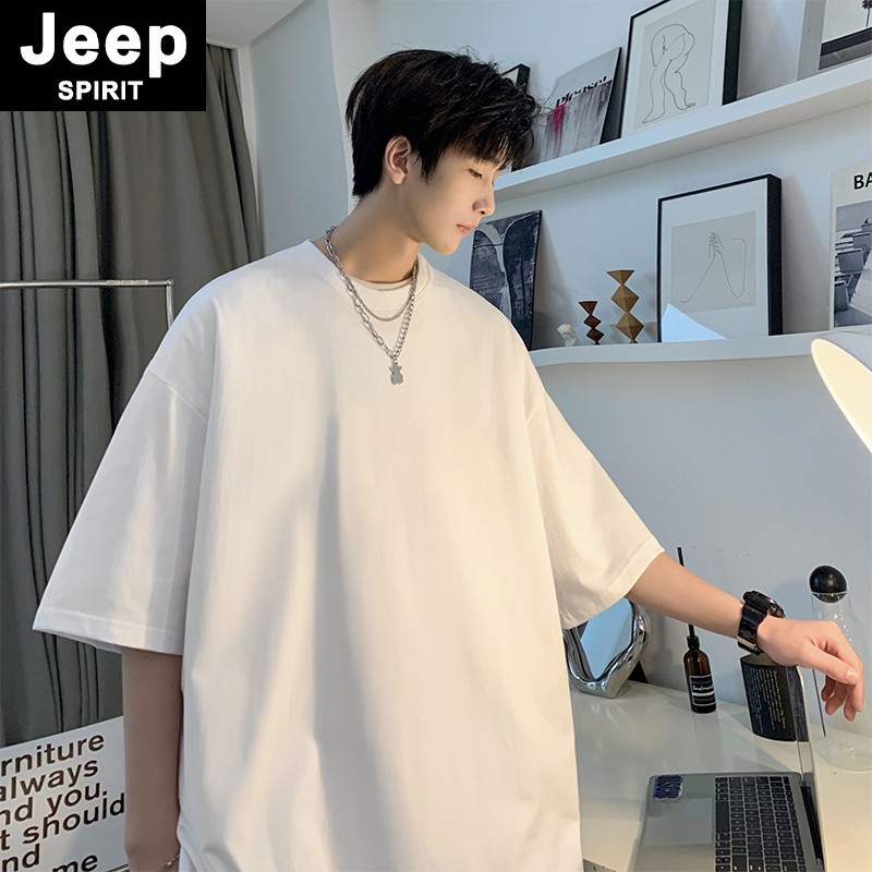 JEEPSPIRIT纯白色重磅纯棉t恤男夏季美式小领口短袖内搭七分袖ins