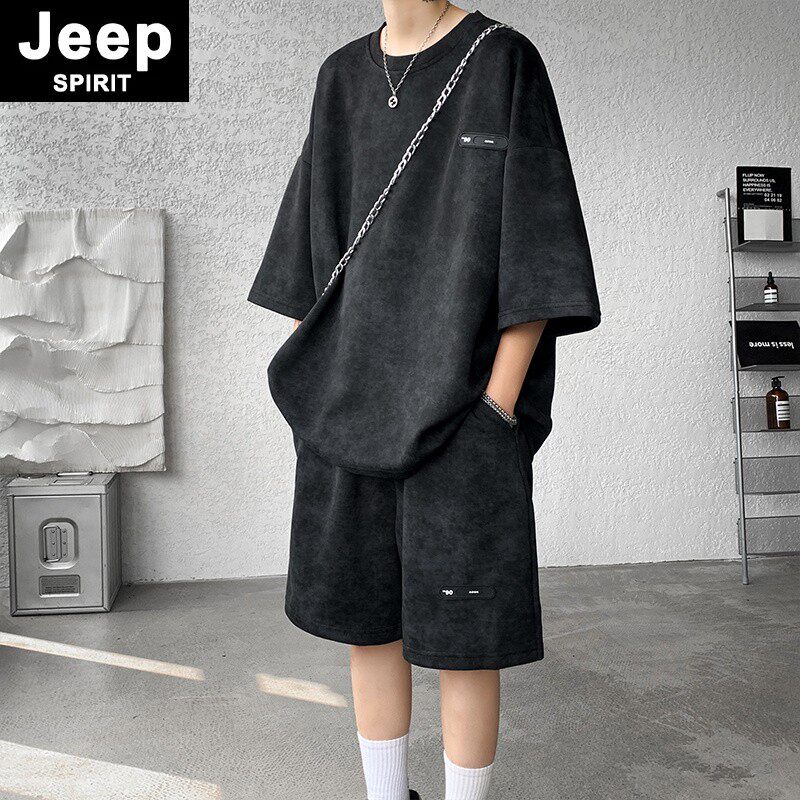 JEEPSPIRIT扎染短袖短裤套装男夏季潮牌宽松大码T恤休闲男装一套