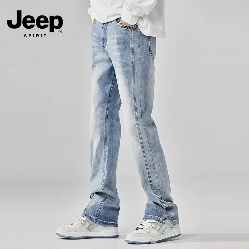 JEEPSPIRIT夏季新款牛仔裤男士浅蓝色水洗直筒微喇欧美裤子