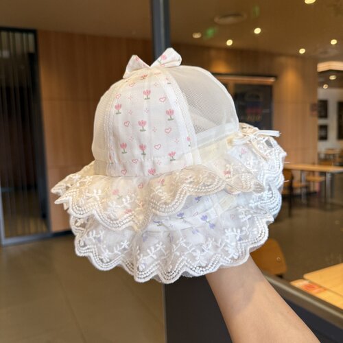 婴儿遮阳帽子夏季洋气公主花边女孩太阳帽小月龄女宝宝网眼防晒帽