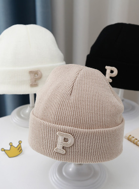 ins韩版简约字母P标婴儿针织毛线套头帽秋冬小宝宝帽子保暖瓜皮帽