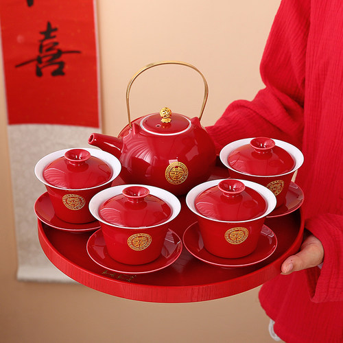 喜事瓷坊喜碗敬茶杯茶壶套装