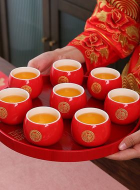 陶瓷单杯结婚新娘敬茶杯功夫茶具品茗杯描金红色双喜婚庆主人杯