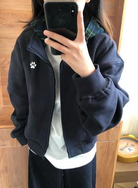 美加绒加厚连帽外套春秋冬季20xf42925新款式青色藏慵懒风开衫卫