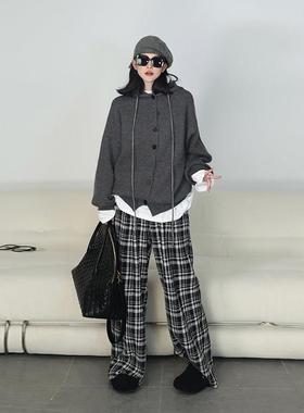 吴童VHO童冬 纯色连帽针织开外女秋衫韩系慵懒套宽松休闲百搭针织