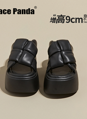 香港GP2025新款真皮坡跟增高松糕超厚底黑色露趾凉拖鞋女夏季外穿
