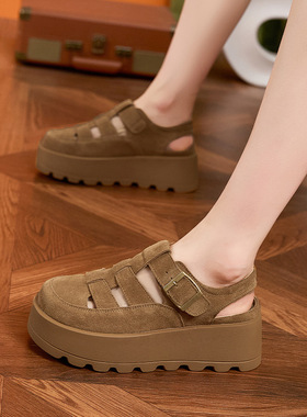 香港GP2025新款夏季小个子复古勃肯猪笼鞋厚底增高罗马包头凉鞋女