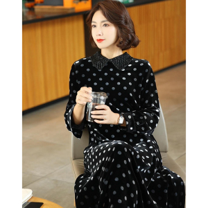 2023新款时尚印花真丝丝绒女士连衣裙气质妈妈翻领秋季桑蚕丝裙子