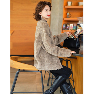 驼色羊剪绒上衣女2024年秋冬新款小个子洋气羊剪绒外套小众设计感
