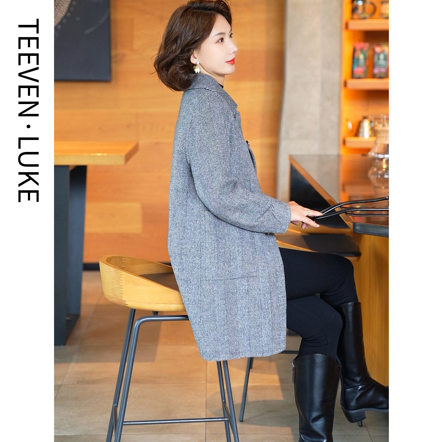 妈妈2025秋冬新款双面羊毛呢短款大衣小个子显高人字纹毛呢外套女,女装/女士精品,毛呢外套,淘宝优惠券,粉丝福利购,淘宝优惠卷