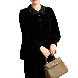 春秋新款2025年丝绒复古气质上衣女时尚镂空翻领真丝长袖洋气妈妈