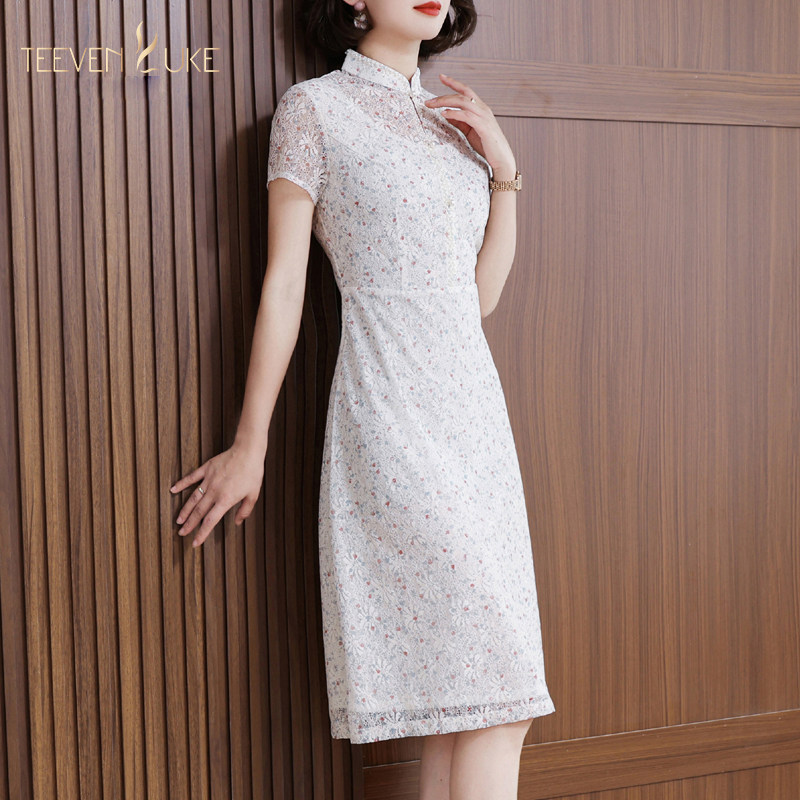 2023夏季新款日常蕾丝旗袍改良版洋气碎花小个子修身连衣裙女气质