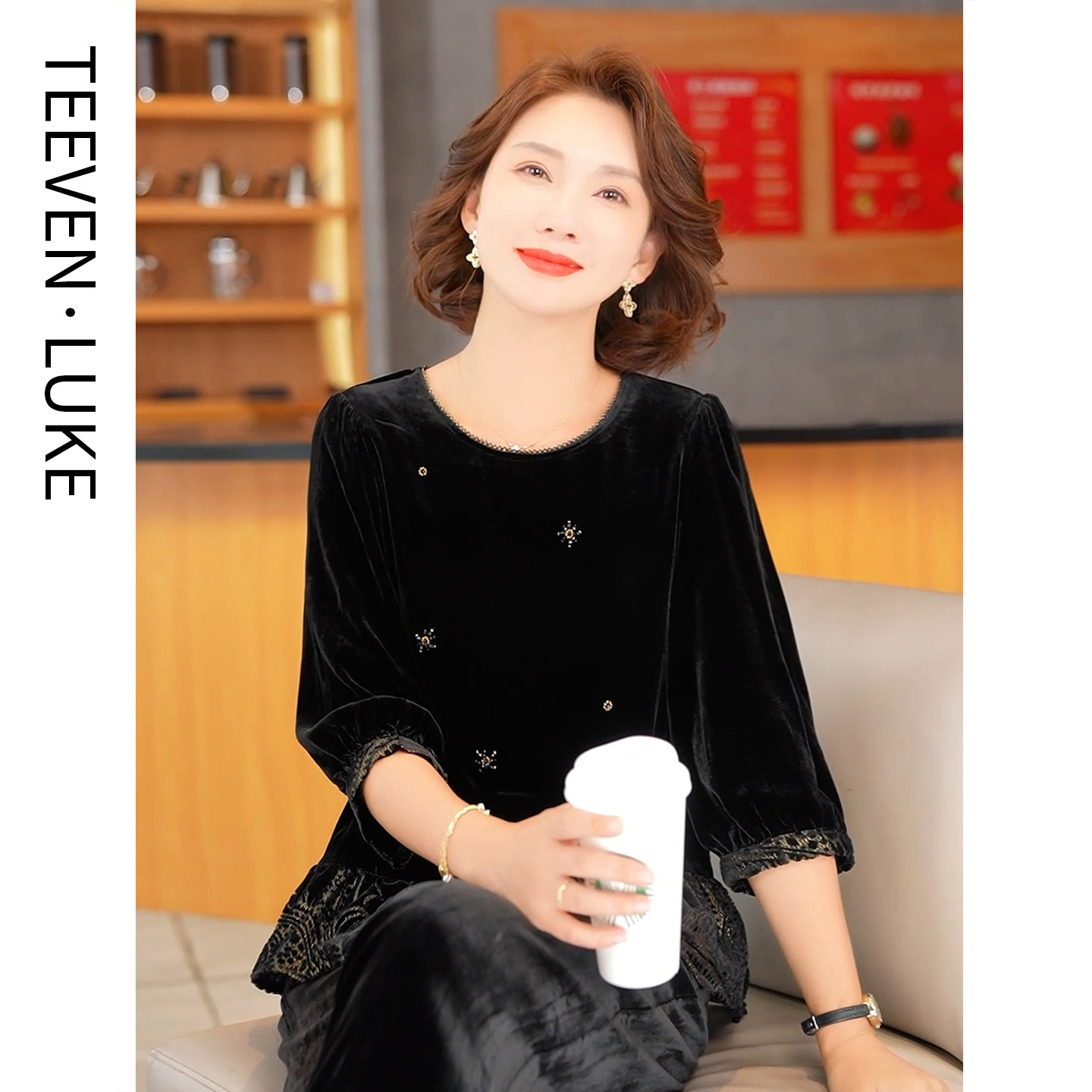 迪芬璐嘉真丝丝绒上衣女