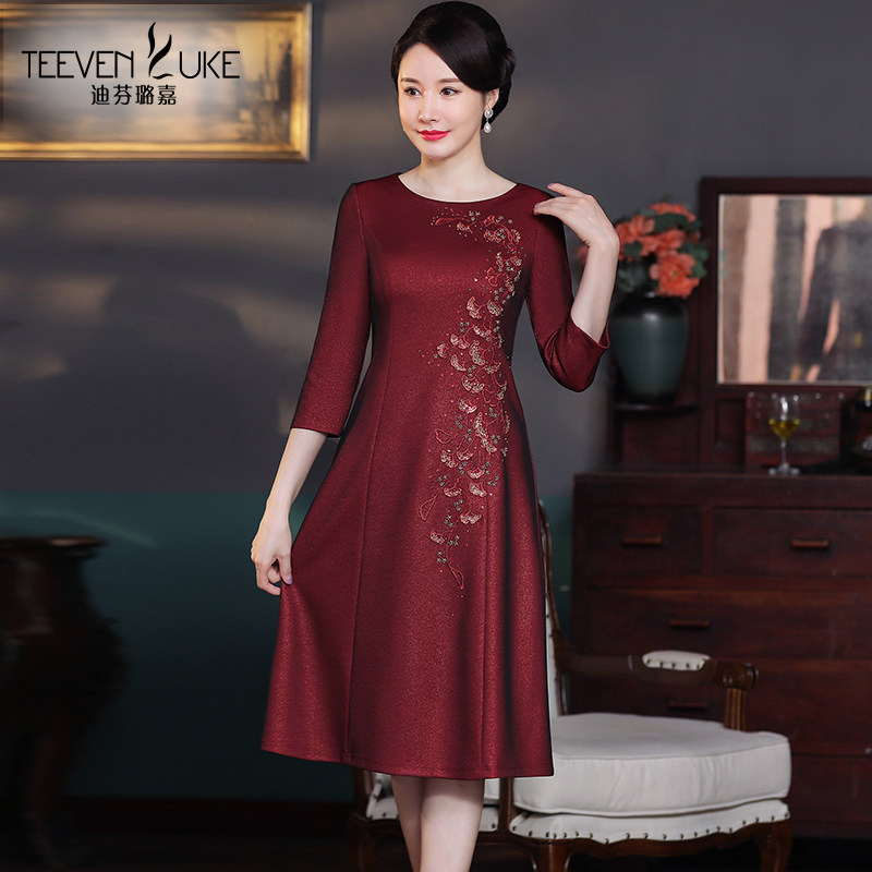 中年妈妈装高端婚礼喜庆喜婆婆婚宴礼服连衣裙女显瘦2022春秋新款