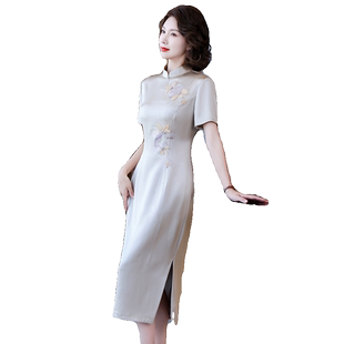 高端喜婆婆参加婚礼醋酸旗袍改良版2024夏季新款婚宴礼服连衣裙女