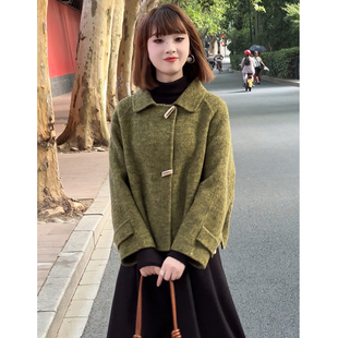 高端羊毛双面呢大衣女2024秋冬翻领气质简约毛呢外套牛角扣小个子