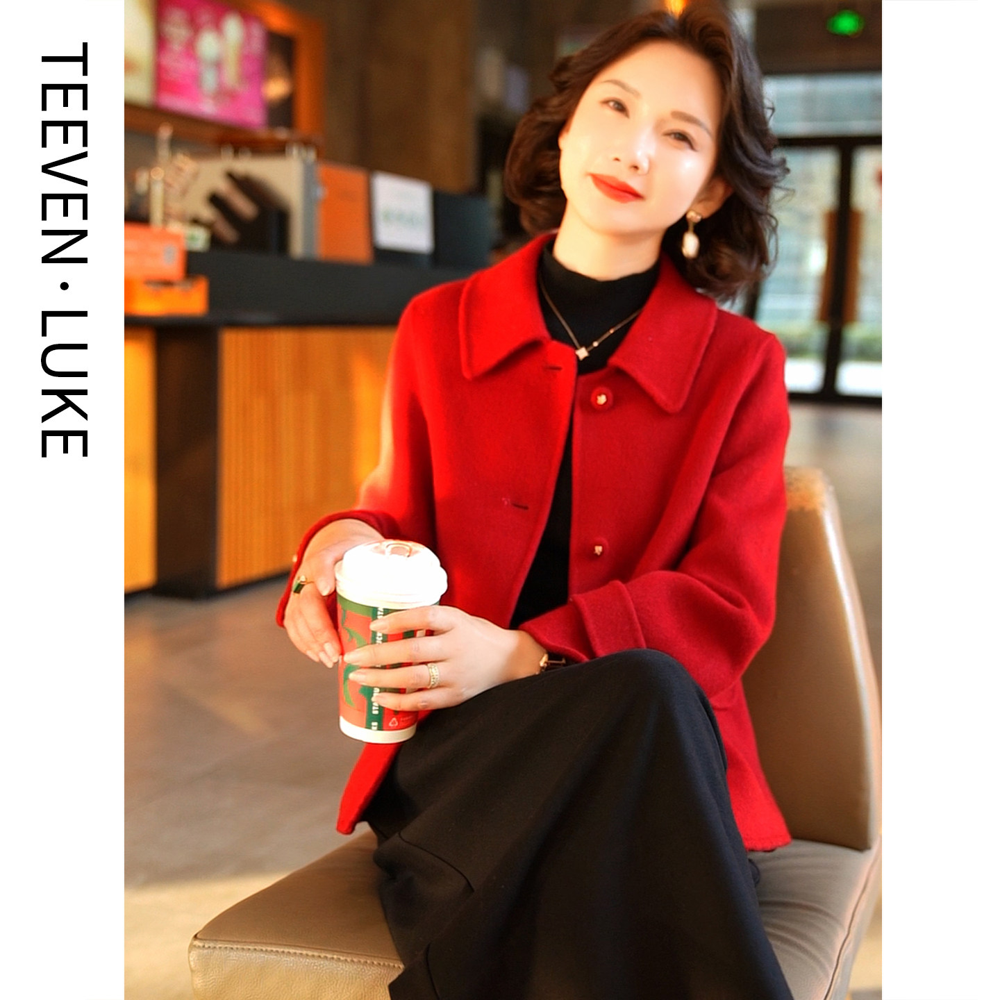 红色双面呢羊毛大衣女通勤气质显瘦毛呢外套2025秋冬新款短款上衣