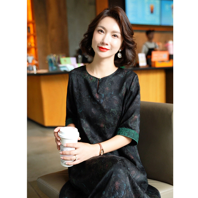 正宗真丝香云纱花萝连衣裙女