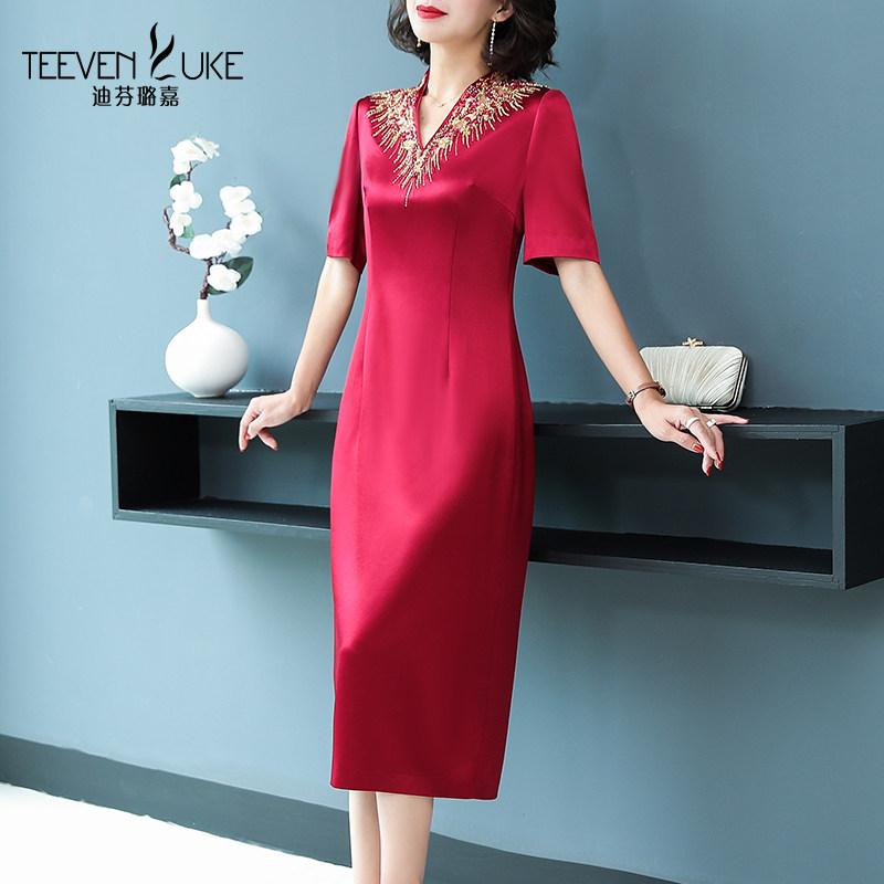 婚宴妈妈礼服高贵优雅醋酸连衣裙女2021年秋季新款高端喜婆婆婚礼