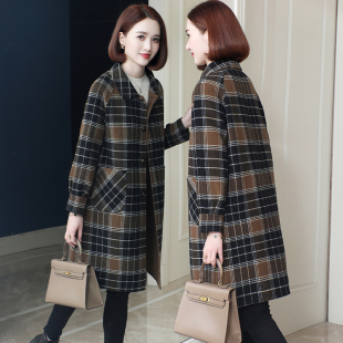 妈妈 休闲毛呢子外套韩版 格子羊毛大衣女2023新款 秋冬双面呢中长款