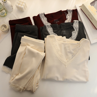 秋冬羊毛蚕丝棉磨毛薄绒保暖内衣套装秋衣裤修身长袖蕾丝女打底衫