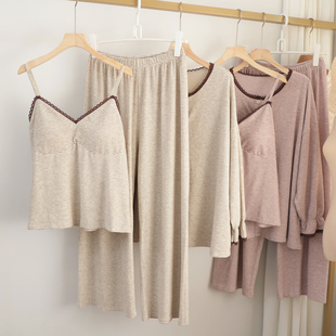 秋冬羊绒蛋白条纹吊带三件套家居服外套长裤保暖睡衣外穿带胸垫女