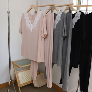 女薄睡衣可外穿 家居服套装 春夏莫代尔竖条垂顺柔软带胸垫短袖 长裤