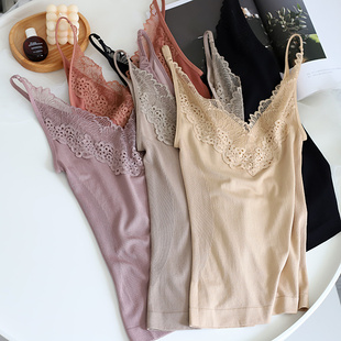 塞德纳秋季薄款莫代尔无缝修身显瘦背心性感蕾丝V领吊带打底保暖