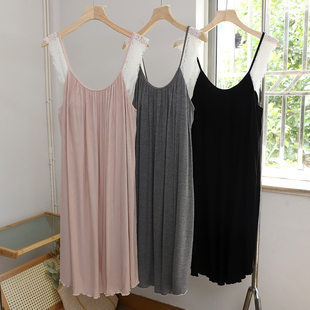 尚尼秀夏季 莫代尔竖条垂顺柔软带胸垫吊带蕾丝边睡裙衣女宽松大码