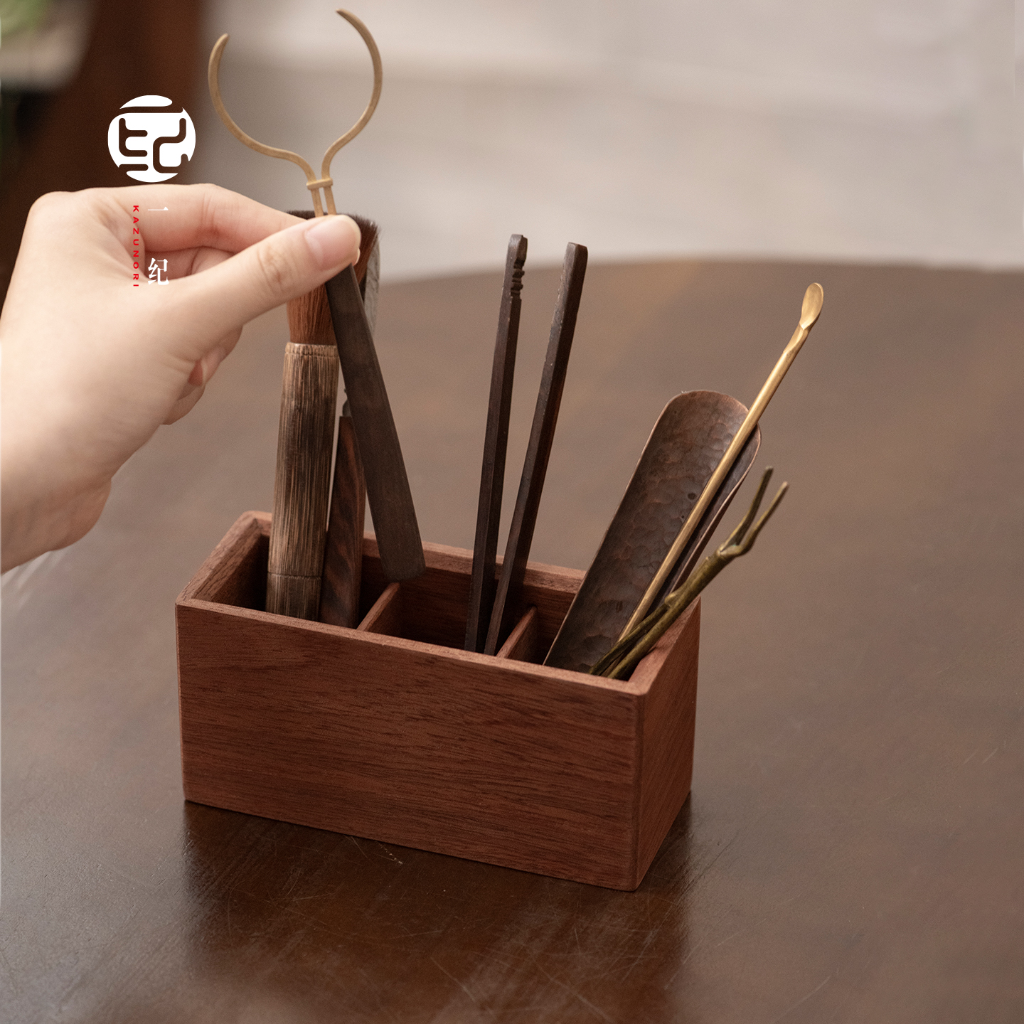 茶桌面三分格茶具配件实木收纳盒