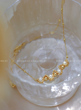 天然珍珠项链配饰女 女士高级感锁骨链精致通勤小众 金色盒子链