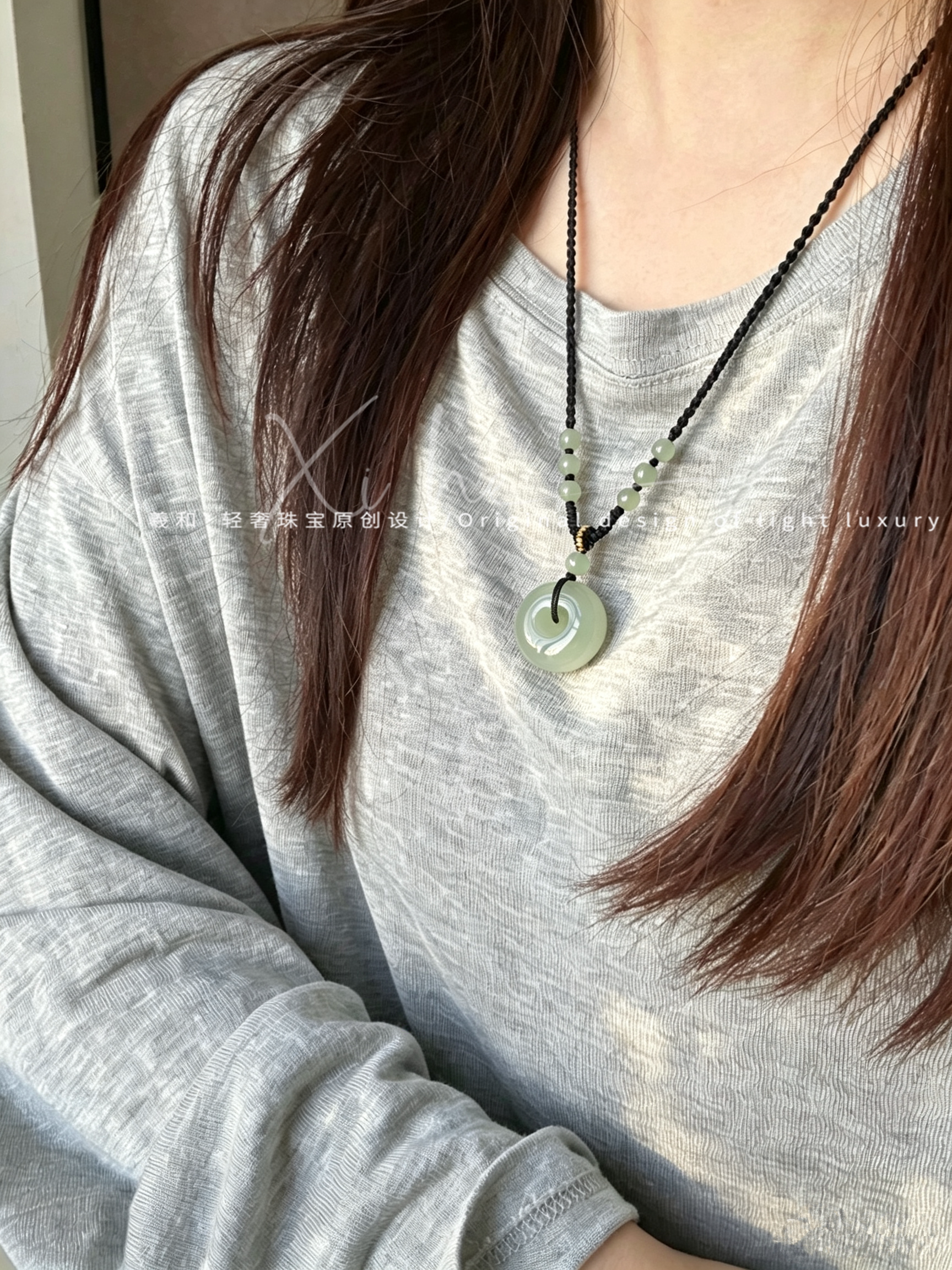 Xinjiang Hetian jade peace pendant braided cord for men and women, children's pendant, Qingshui green natural jade necklace, lanyard