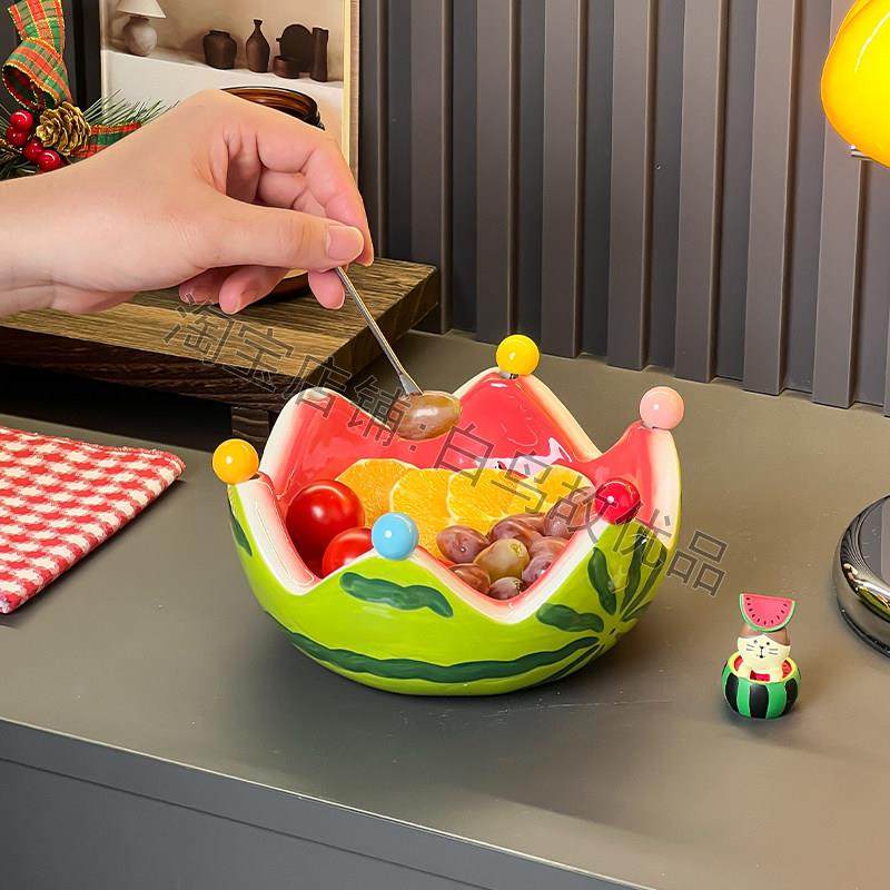 西瓜水果盘多巴胺陶瓷零食摆盘碗配不锈钢叉甜品沙拉易清洗带叉子,餐饮具,果盆/果盘/果篮,淘宝优惠券,粉丝福利购,淘宝优惠卷