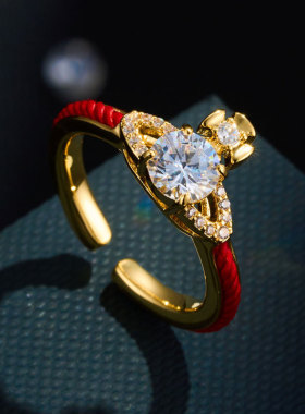 轻奢感红绳皇冠开口戒指铜合金微镶满锆真金电镀可调节食指戒