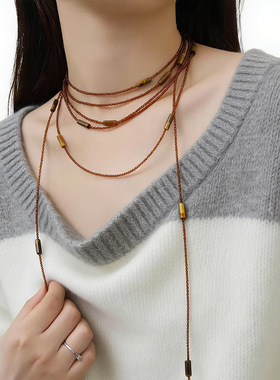 高级感棕红色多层串珠长款项链美拉德时尚个性叠带水晶气质毛衣链