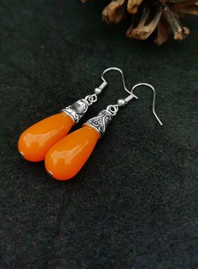 原创新款民族风桔红色水滴耳环长款简约异域风情特色耳坠吸睛配饰