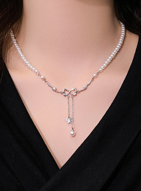 白色珍珠串珠蝴蝶结吊坠项链女轻奢小众精致锁骨链气质感饰品