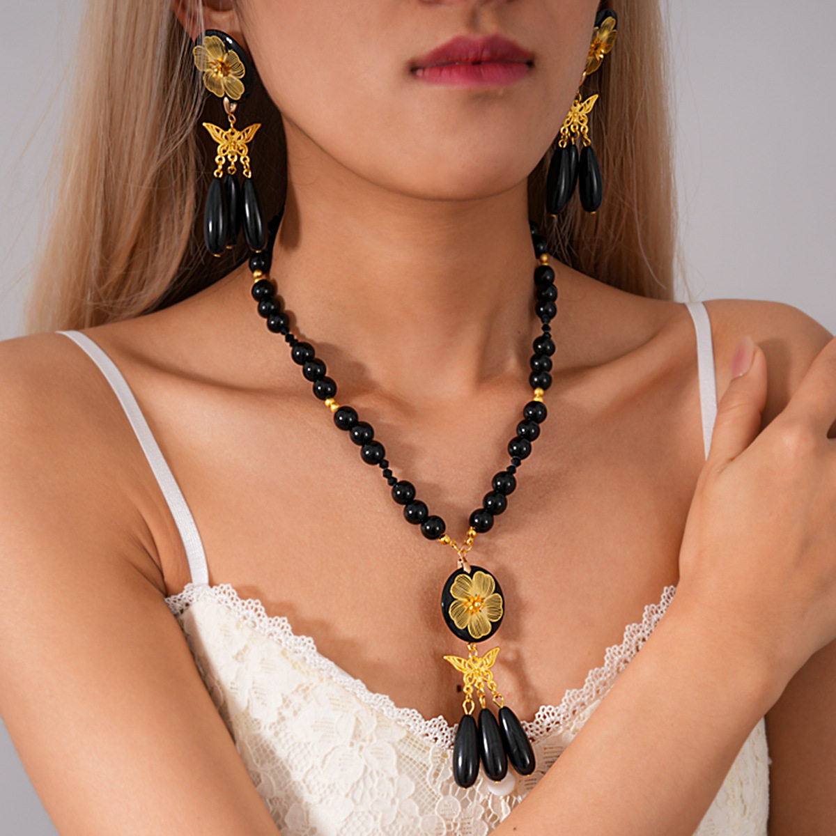 欧美跨境黑色树脂花朵蝴蝶水滴流苏耳钉项链感锁骨链首饰套装,饰品/流行首饰/时尚饰品新,组合套装,淘宝优惠券,粉丝福利购,淘宝优惠卷