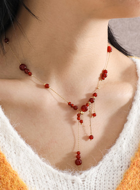 新年 金球红珠显白项链流苏吊坠百搭复古毛衣链气质感项饰女