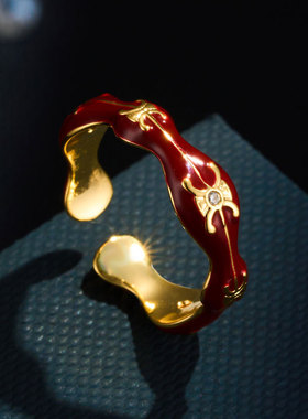 复古轻奢暗红珐琅金纹开口戒指铜合金真金电镀显白百搭可调节指环