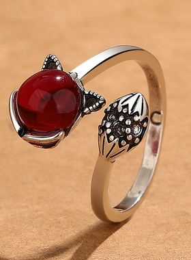 复古感泰银红宝石狐狸戒指女石榴石时尚指环网红同款开口指环