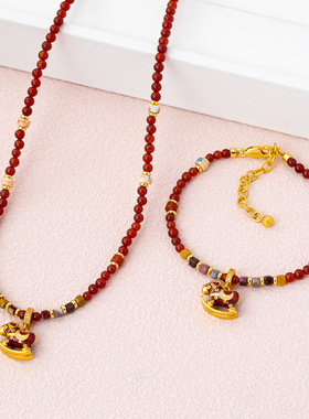 新年珐琅小马手链项链红色天然石马年串珠叠戴轻奢简约百搭套装