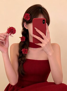 绯凝香~复古红色重瓣花朵小发夹新中式新娘旗袍头饰独特漂亮发饰