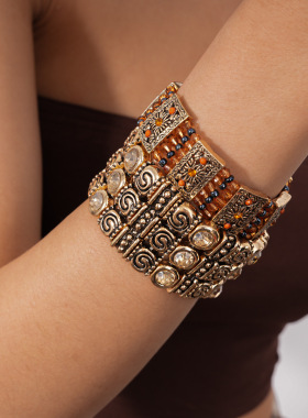 欧美跨境中古风镶钻多层弹力手链轻奢感手环时尚个性夸张手饰