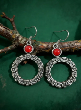 简约时尚橘红色宝石耳环 跨境个性镂空大圆形雕花合金耳坠饰品女