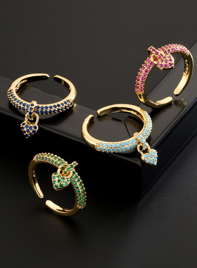 澳古  铜18K金微镶锆石爱心开口戒指女新品 时尚复古Ring跨境货源