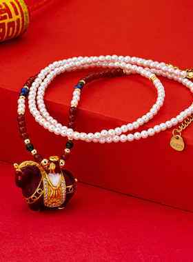 原创马年新中式复古精致红色滴油立体小马毛衣链轻奢感长项链