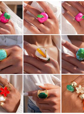 欧美跨境春夏小清新滴油草莓花朵戒指小众感食指戒时尚手饰女