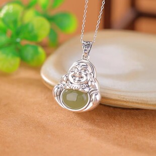 天然晴水玉弥勒佛吊坠S999足银镶嵌和田玉大肚笑佛挂坠佛公项链坠
