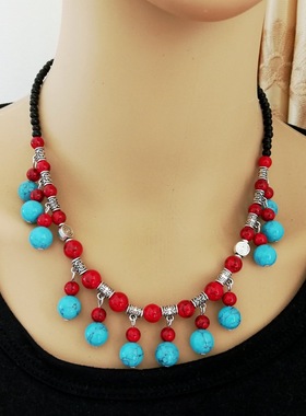 云南民族风短款项链复古藏族蒙古少数民族服饰仿红蓝松石锁骨链女